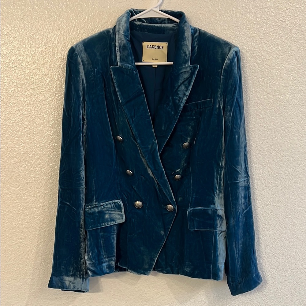 L'AGENCE Blue Velvet Blazer Double-Breasted